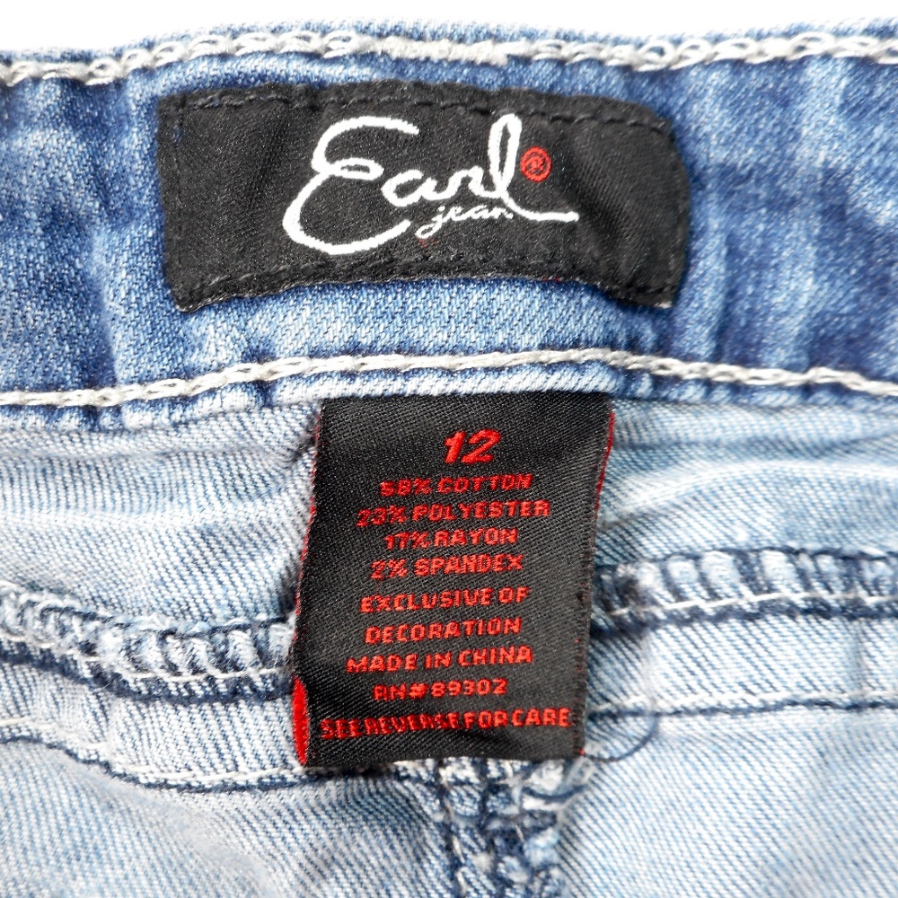 Earl Jeans 12 Denim Blue Straight Leg Bling Flap Pocket 32 x30.5 Fleur De Lis - Picture 6 of 10